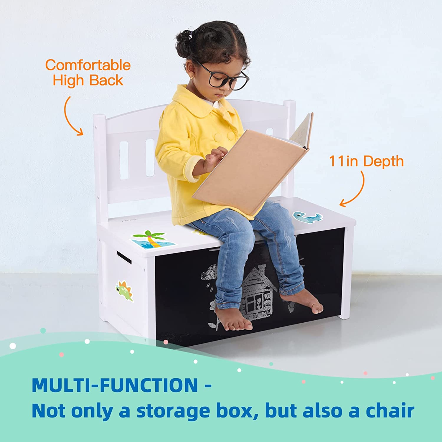 TOOKYLAND Wooden Toy Storage Box - Lift Top Chest and Seating Bench with Lid, Safety Hinge, Blackboard and Stickers, Toy Organizer for Kids 3 Year