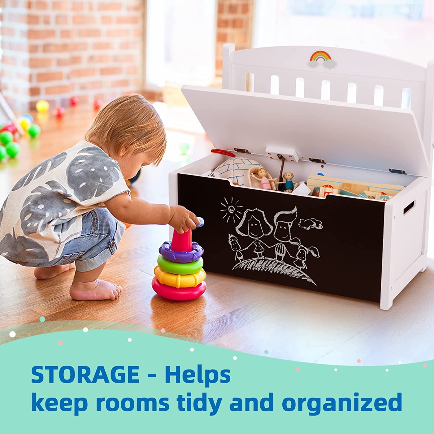 TOOKYLAND Wooden Toy Storage Box - Lift Top Chest and Seating Bench with Lid, Safety Hinge, Blackboard and Stickers, Toy Organizer for Kids 3 Year