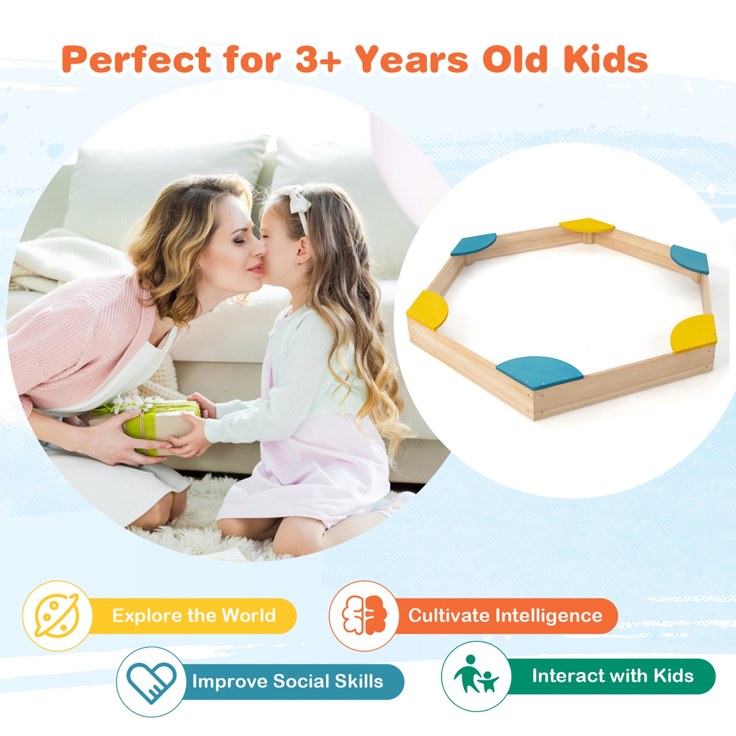 Costway Outdoor Wooden Sandbox with Seats Backyard Bottomless Sandpit for Kids Aged 3+