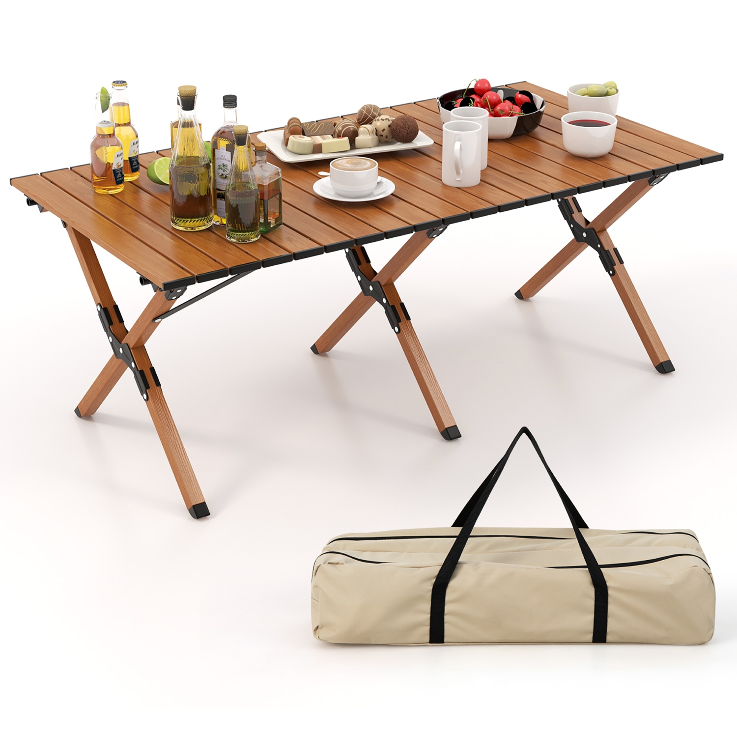 Table de camping pliante en aluminium avec sac de transport de Costway, table de pique-nique enroulable avec grain de bois