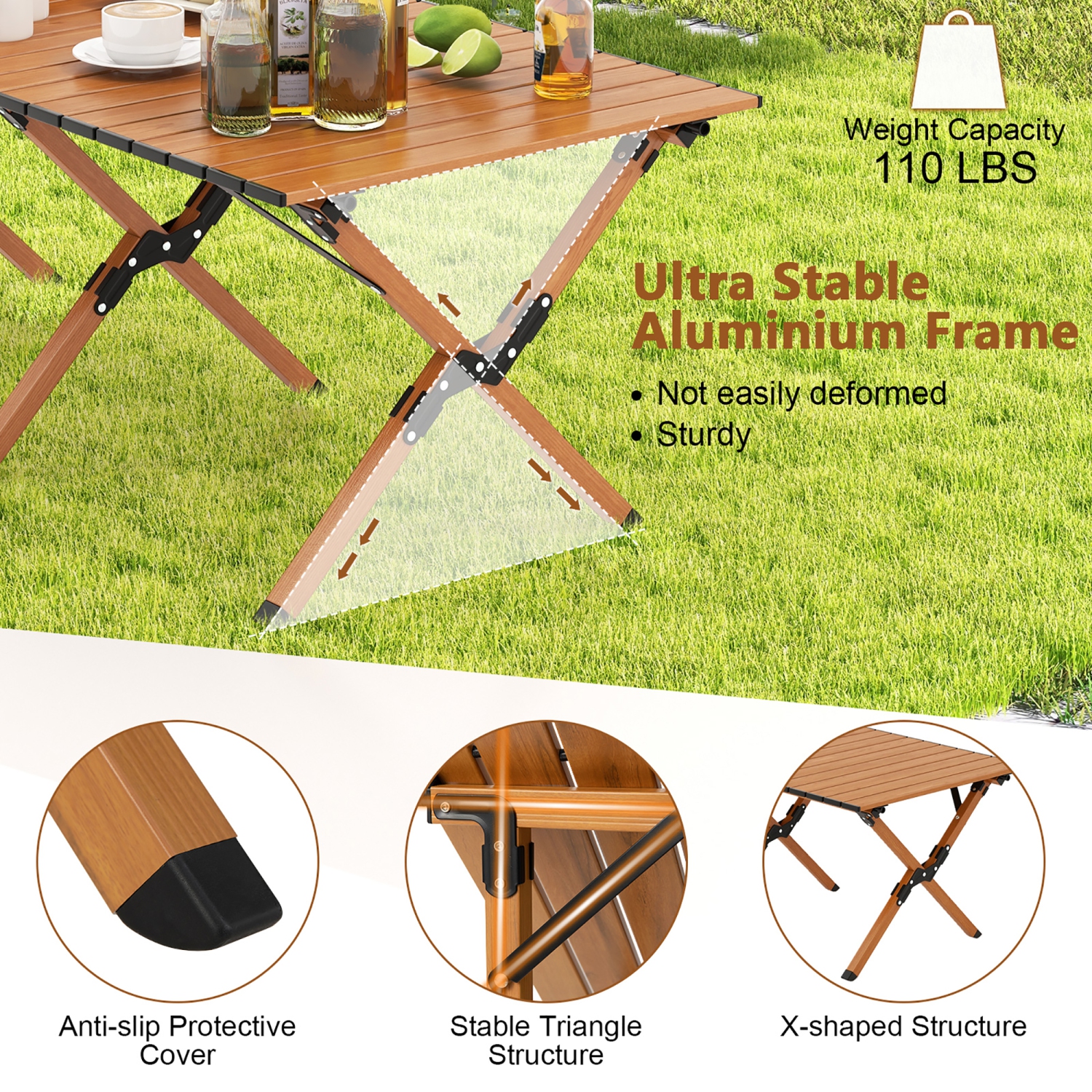 Table de camping pliante en aluminium avec sac de transport de Costway, table de pique-nique enroulable avec grain de bois