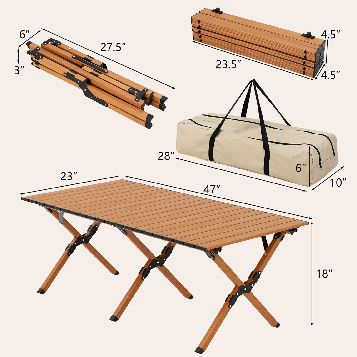 Table de camping pliante en aluminium avec sac de transport de Costway, table de pique-nique enroulable avec grain de bois