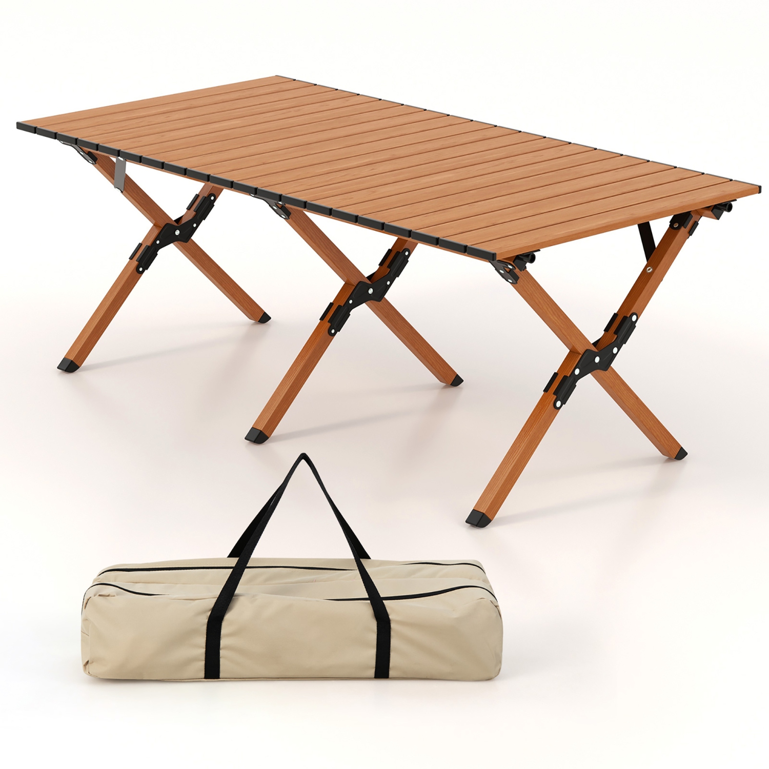 Table de camping pliante en aluminium avec sac de transport de Costway, table de pique-nique enroulable avec grain de bois