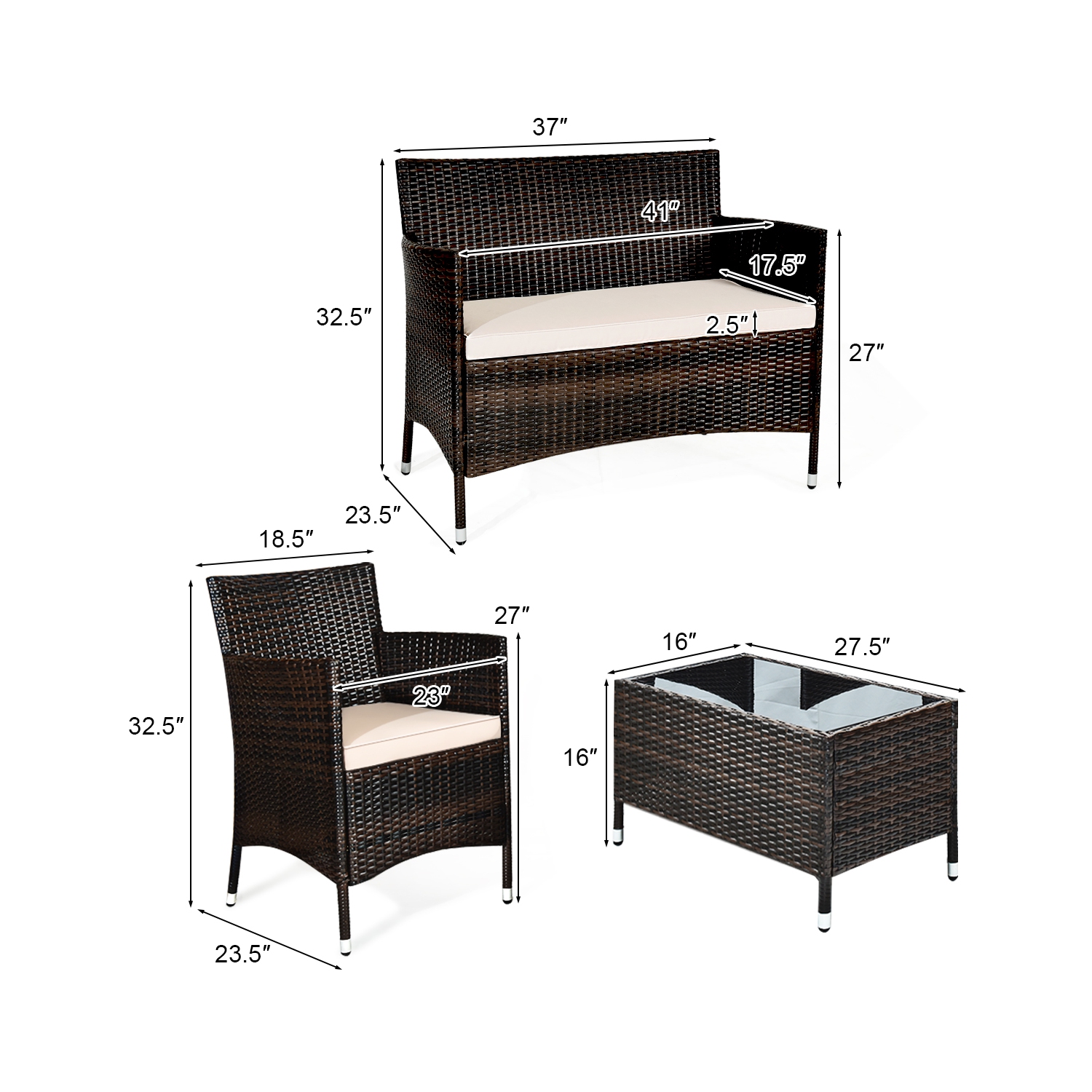Ensemble de meubles de patio en rotin 4PCS de Costway avec divan rembourré et table basse