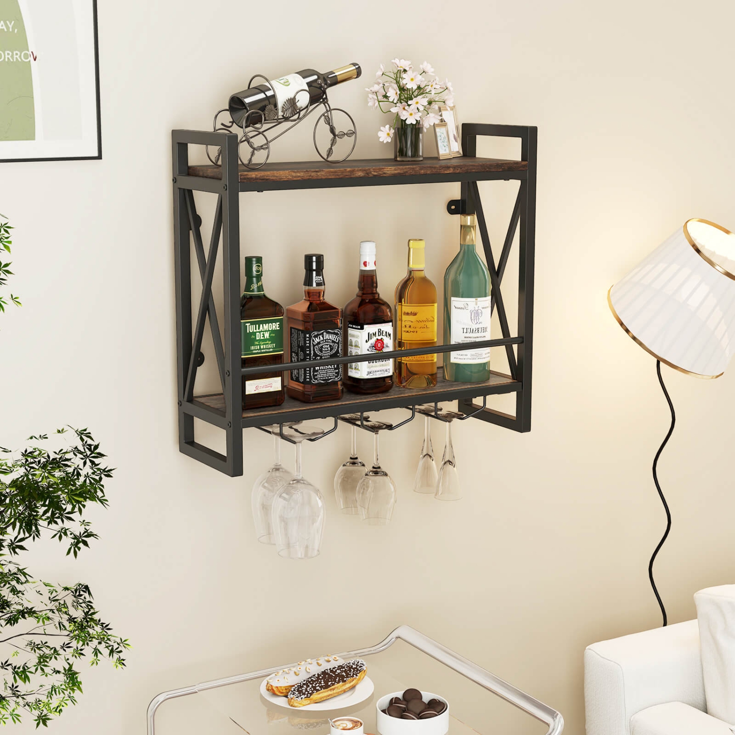 Porte-bouteilles mural de Costway avec 2 tablettes, 3 porte-verres, cadre en métal robuste