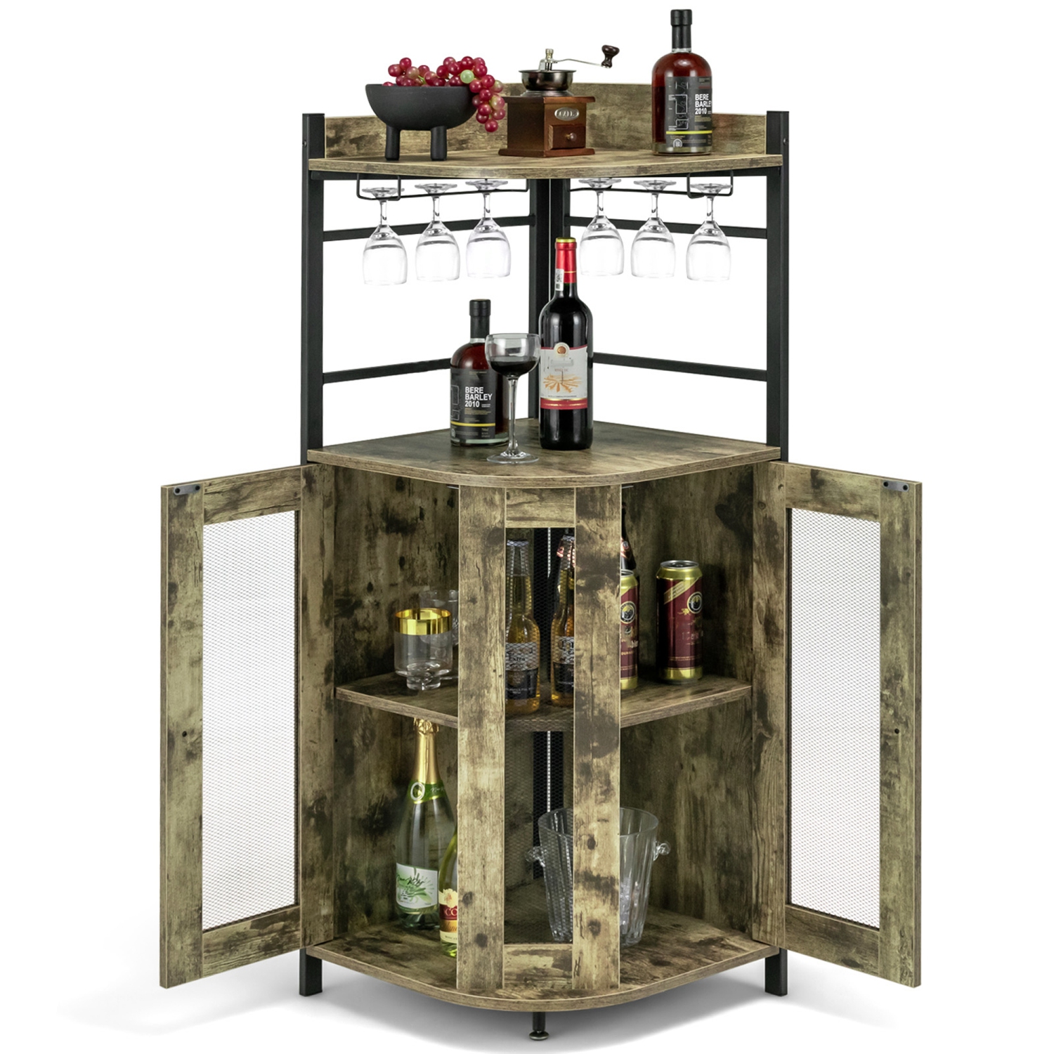 Costway Corner Bar Cabinet Industrial Liquor Wine Cabinet with Glass Holder & Mesh Doors