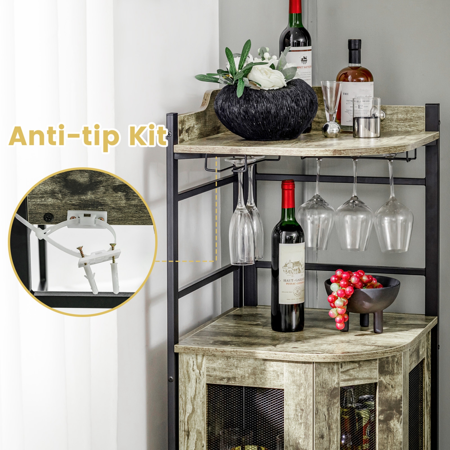 Costway Corner Bar Cabinet Industrial Liquor Wine Cabinet with Glass Holder & Mesh Doors