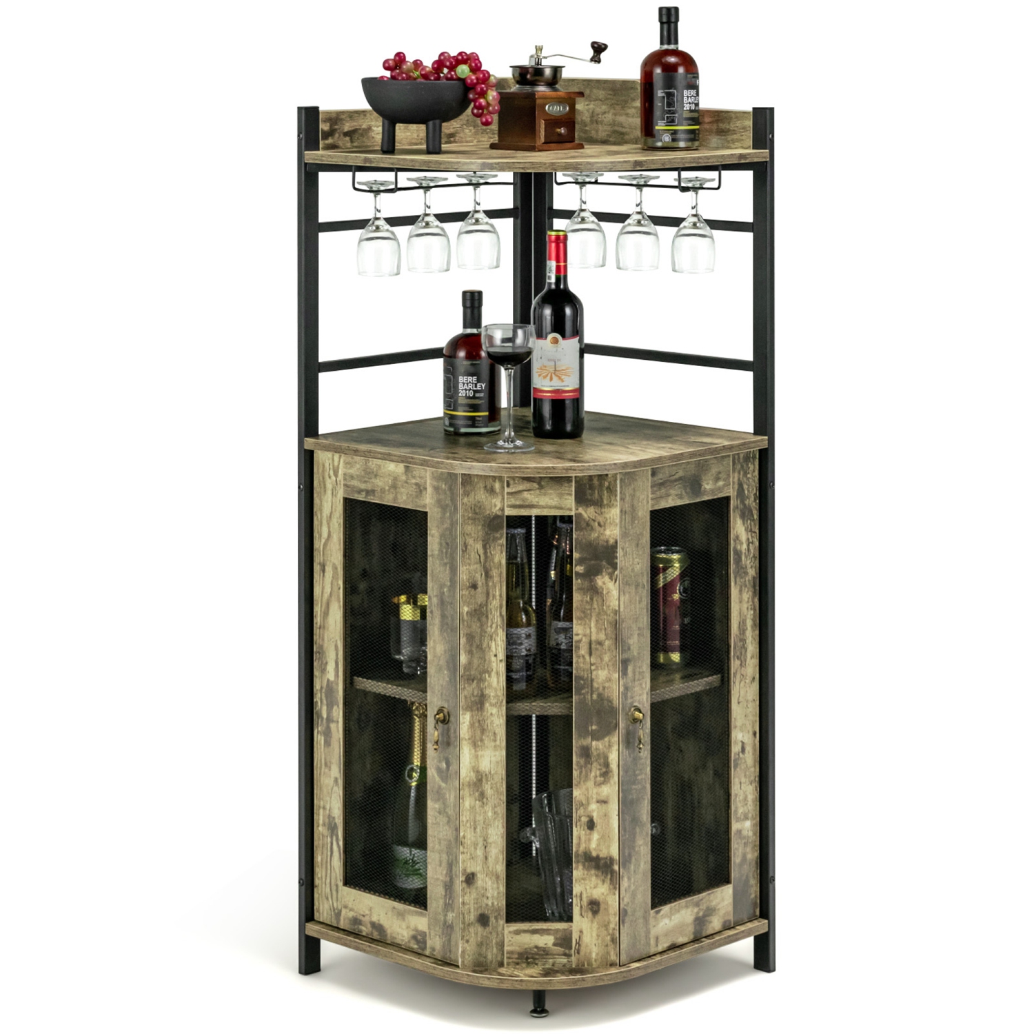 Costway Corner Bar Cabinet Industrial Liquor Wine Cabinet with Glass Holder & Mesh Doors