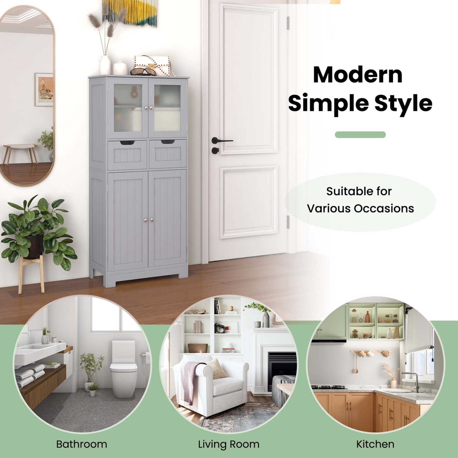 Costway Bathroom Floor Storage Cabinet Kitchen Cupboard with 2 Drawers & Glass Doors Grey