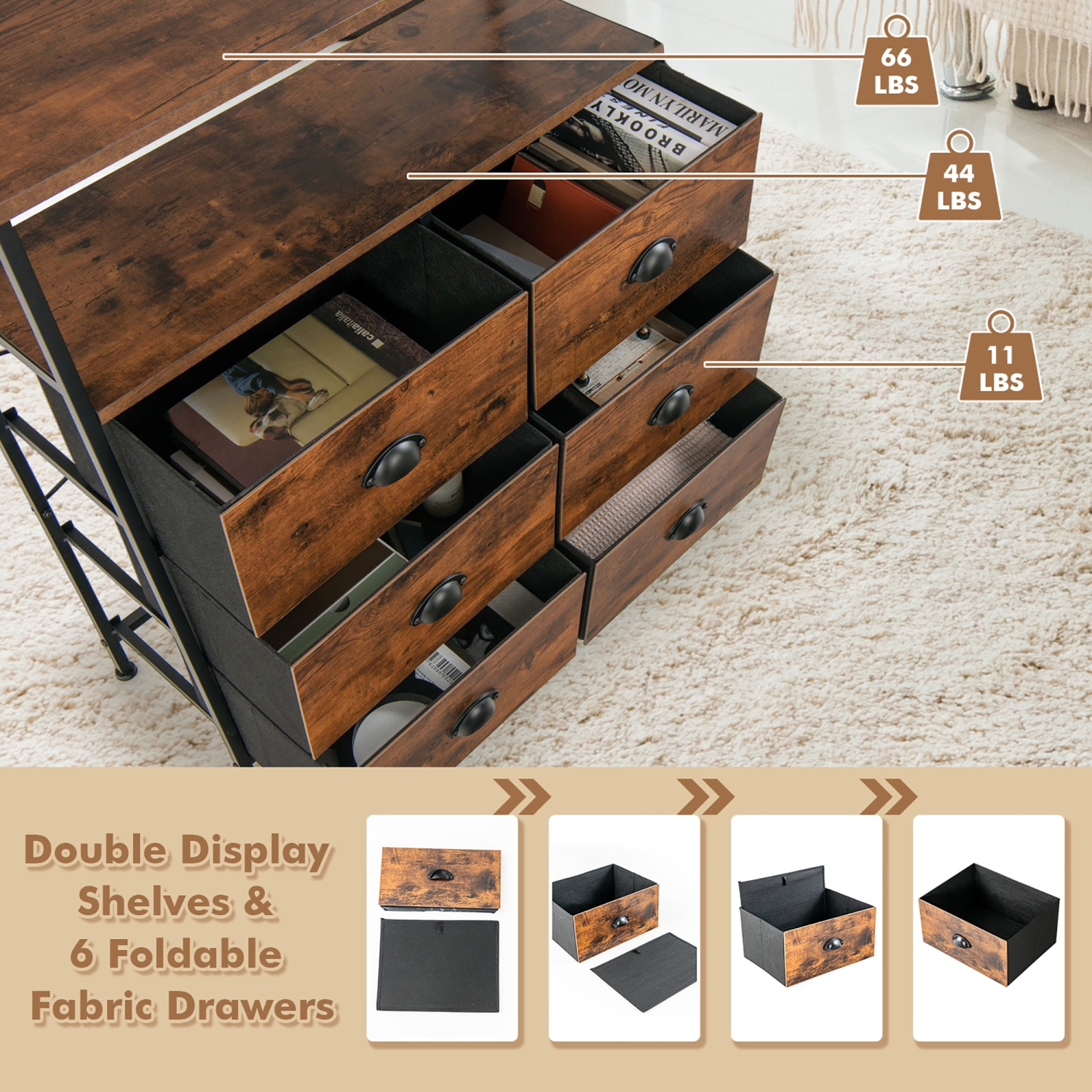 Costway 6-Drawer Dresser 2-Tier Fabric Storage Tower w/wooden Top Chest Organizer Unit