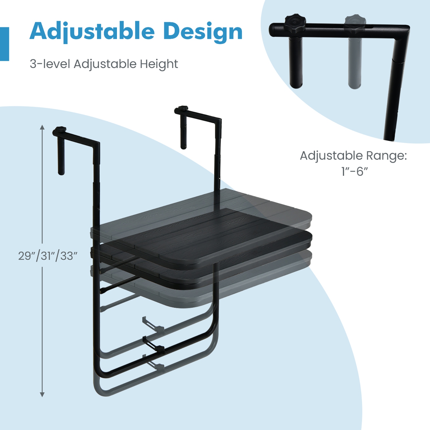 Costway Folding Hanging Table Outdoor Railing Table with 3-Level Adjustable Height