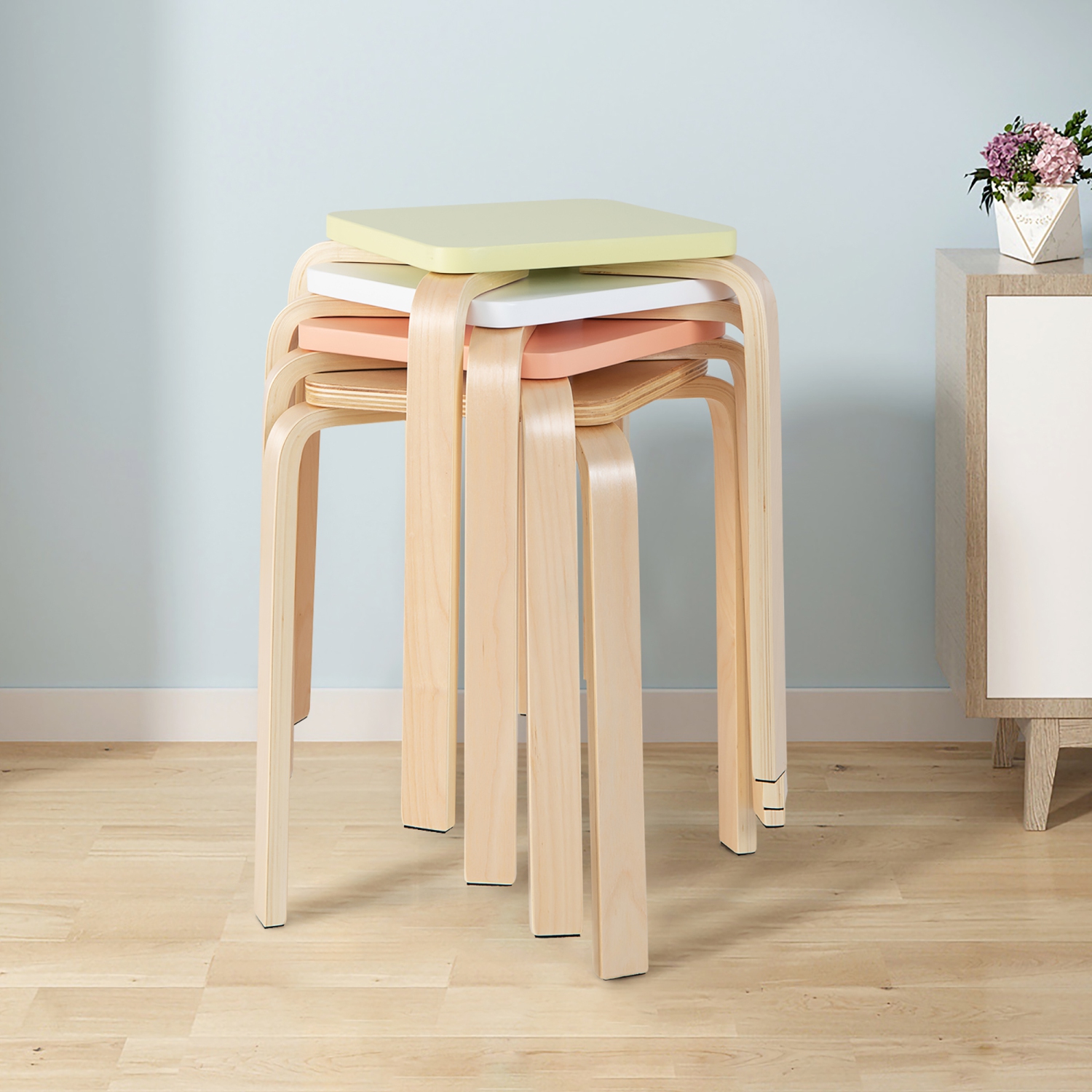 Costway Set of 4 Colorful Square Stools Stackable Wood Stools with Anti-slip Felt Mats