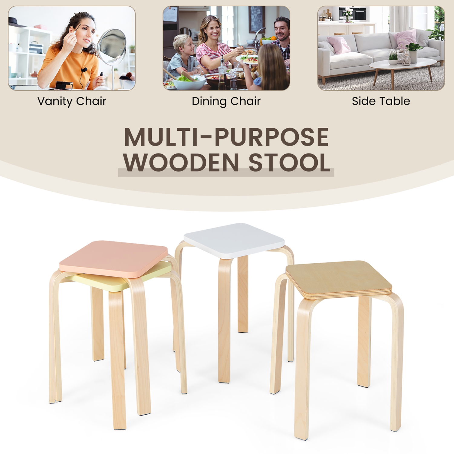 Costway Set of 4 Colorful Square Stools Stackable Wood Stools with Anti-slip Felt Mats