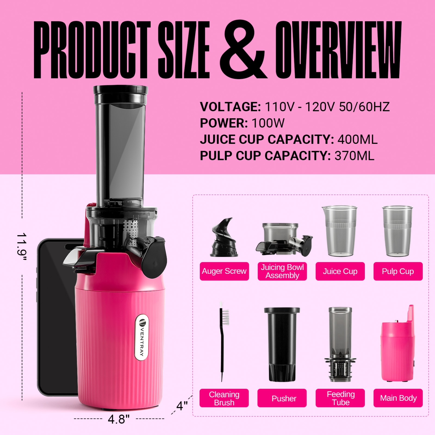 Centrifugeuse Ginnie de Ventray Essential, compact et lent, riche en nutriments, meilleur cadeau pour la famille