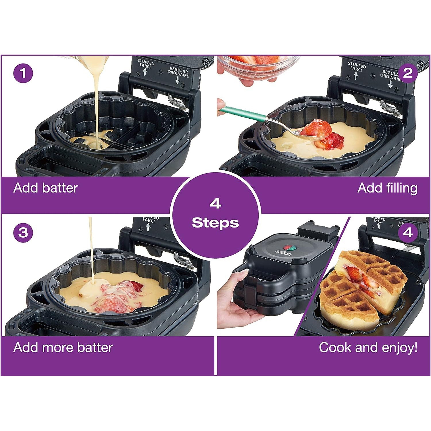 Salton - Waffle iron with or without topping, Ceramic coating, Black