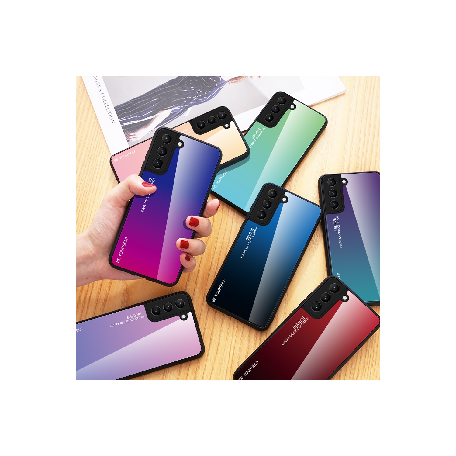 Étui pour Samsung Galaxy S22 verre trempé motifs de couleurs variables + cadre en TPUR hybride mince