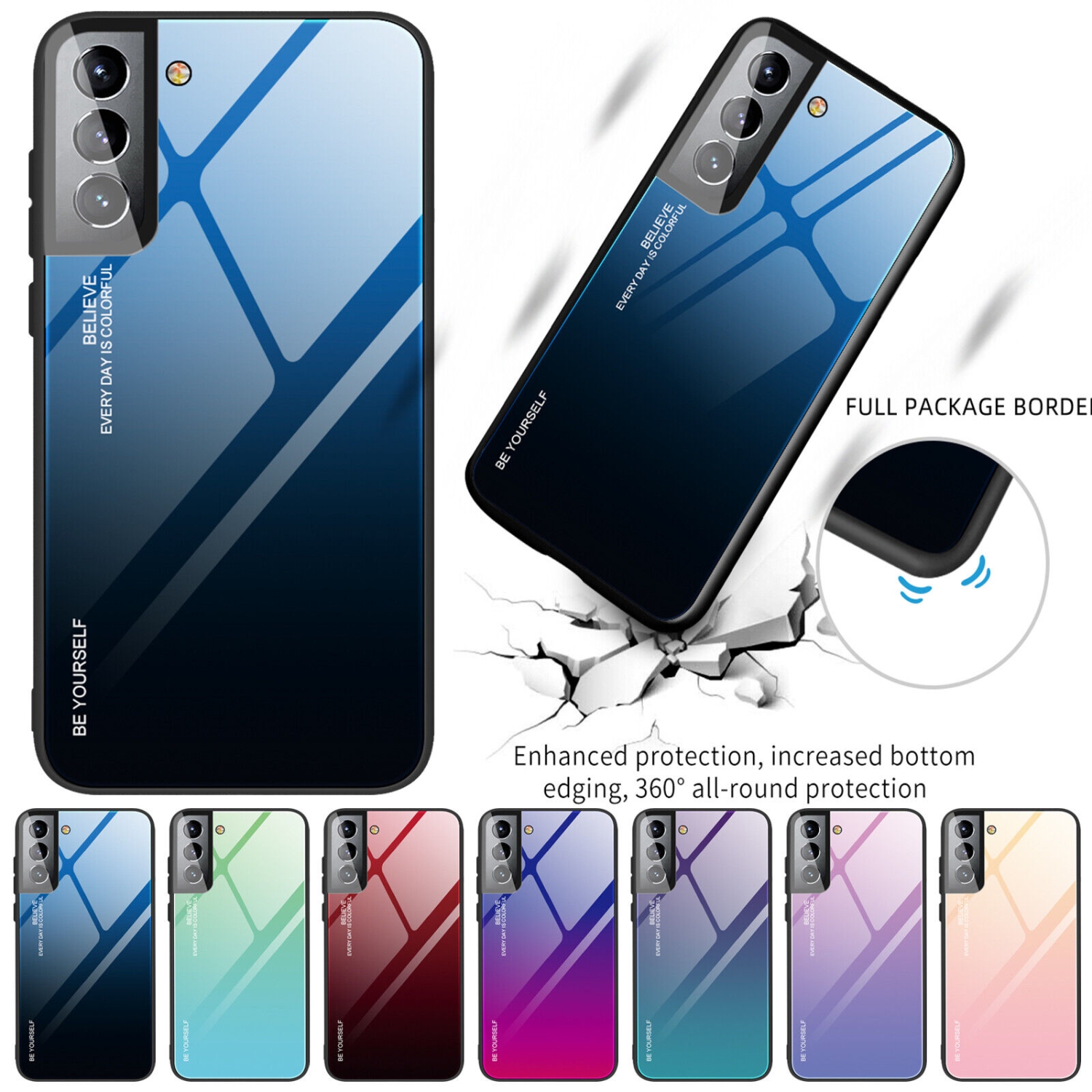 Case Cover for Samsung Galaxy S22 Tempered Glass Gradient Color Pattern + TPU Frame Hybrid Slim