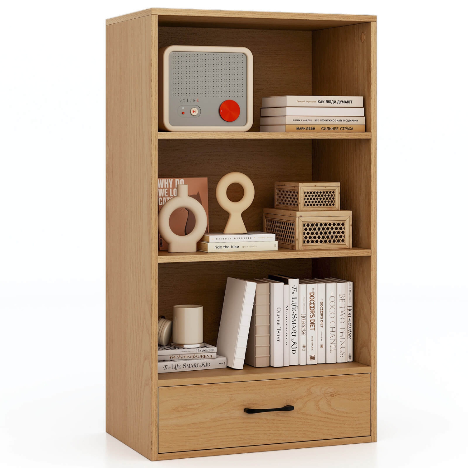 Costway 4-Tier Bookcase 48" Display Bookshelf Storage Organizer with Shelves & Drawer Grey/White/Natural