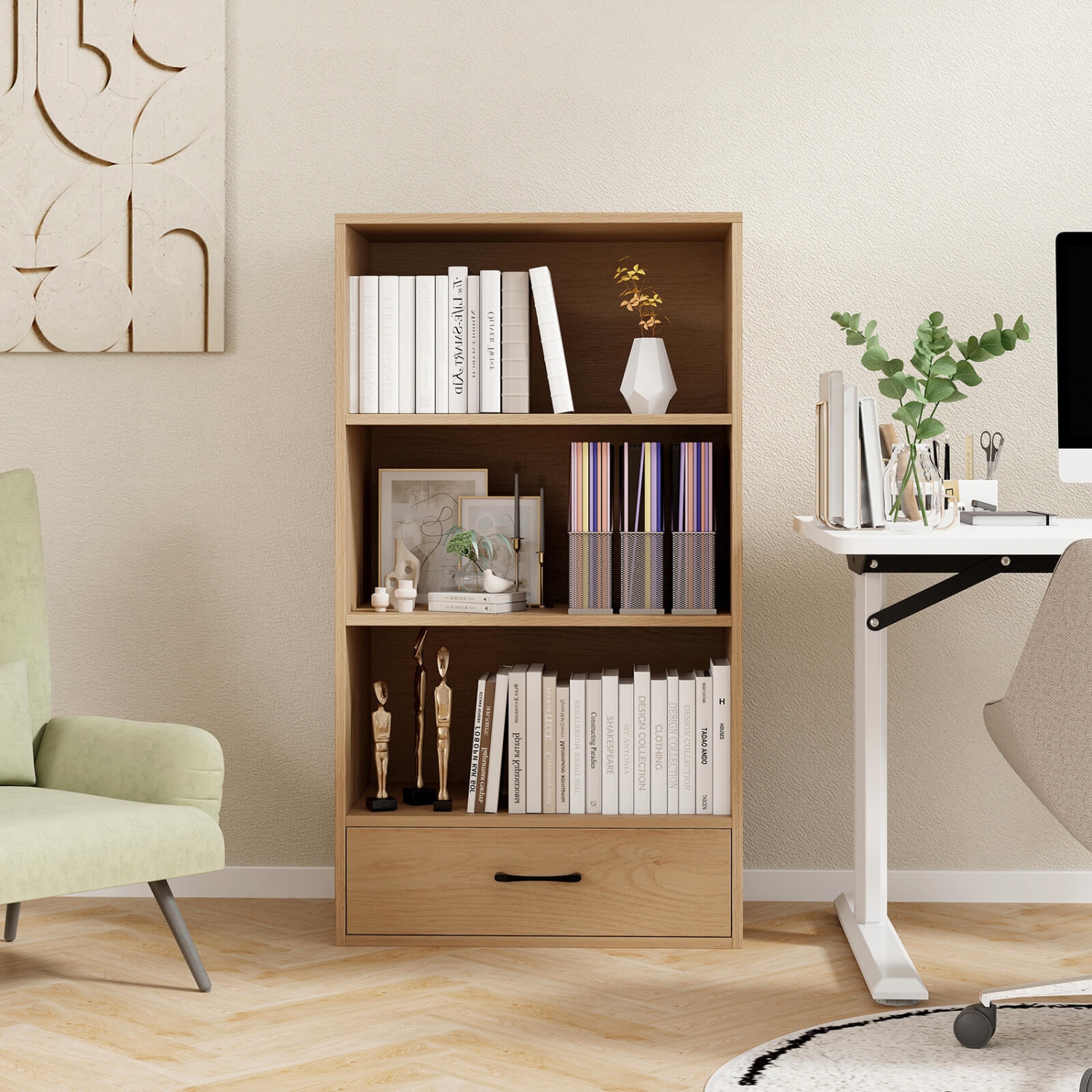 Costway 4-Tier Bookcase 48" Display Bookshelf Storage Organizer with Shelves & Drawer Grey/White/Natural