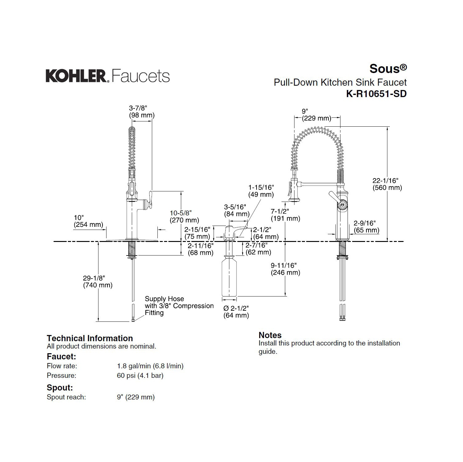 Robinet d'évier à bec rétractable Kohler R10651-SD-CP sous Pro-style, chrome