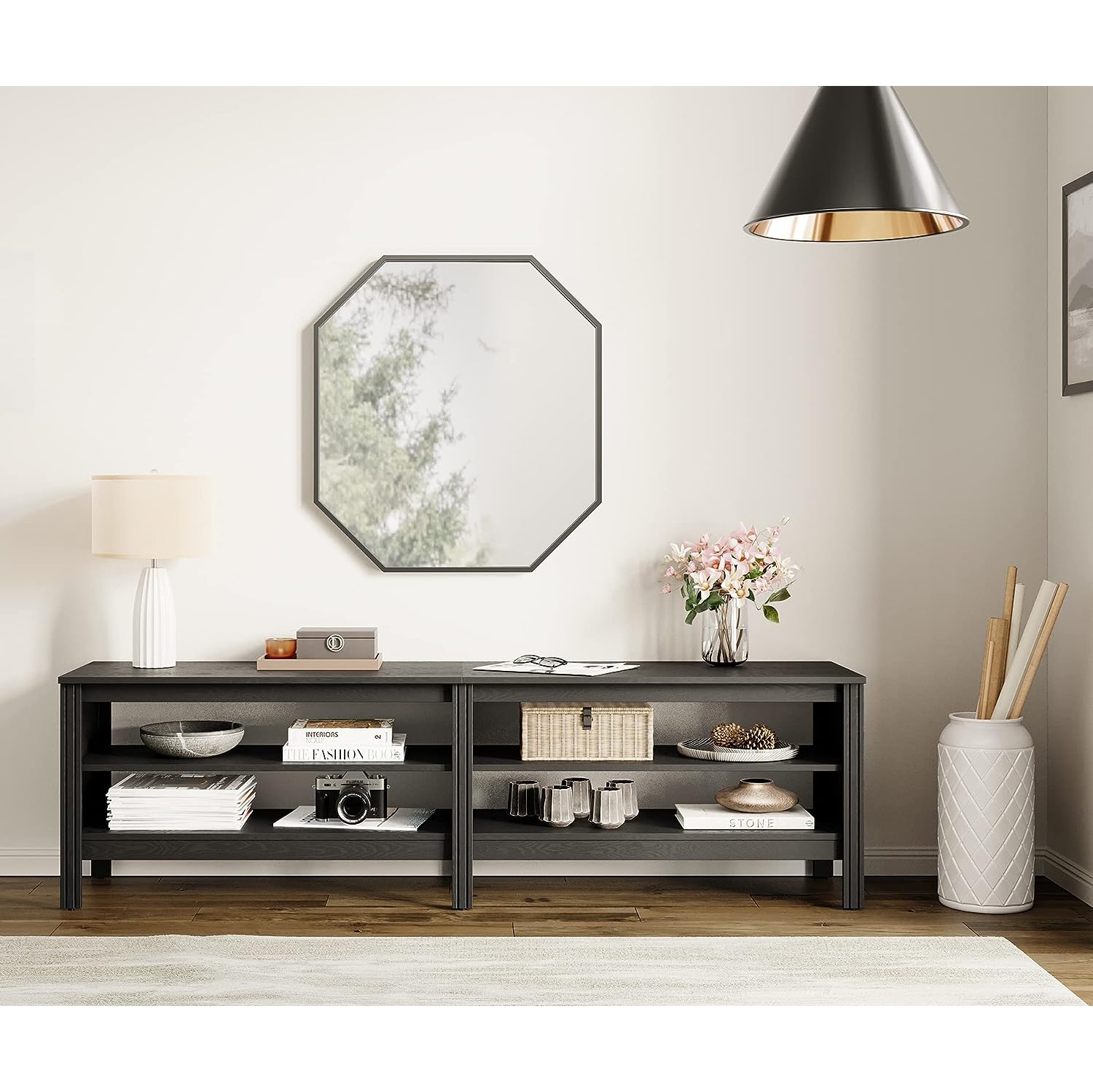 WAMPAT Farmhouse TV Stand for 75 Inch TV Entertainment Center Black TV Console Media Table with 4 Cubby Storage for Living Room Bedroom, 70''