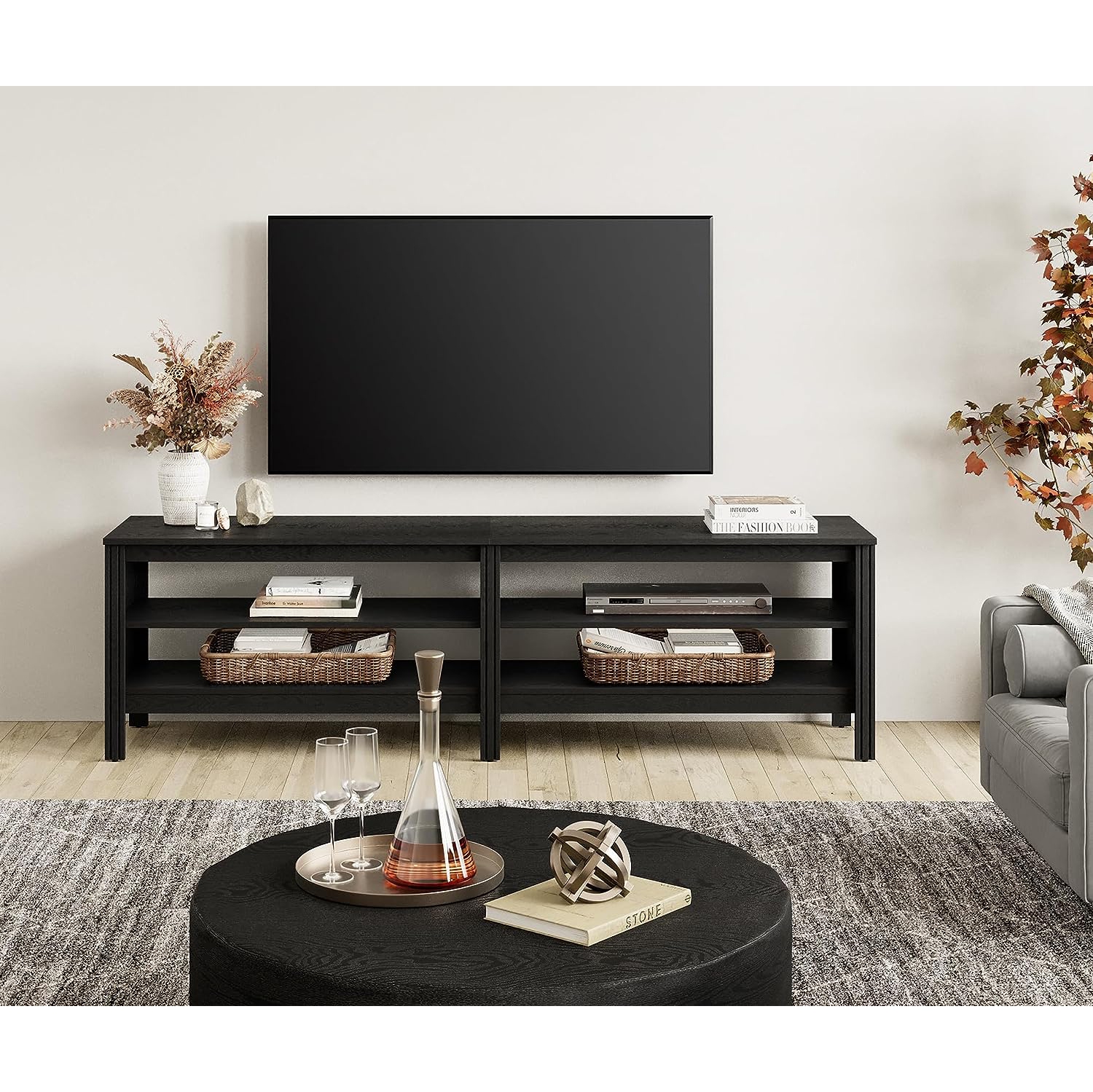 WAMPAT Farmhouse TV Stand for 75 Inch TV Entertainment Center Black TV Console Media Table with 4 Cubby Storage for Living Room Bedroom, 70''