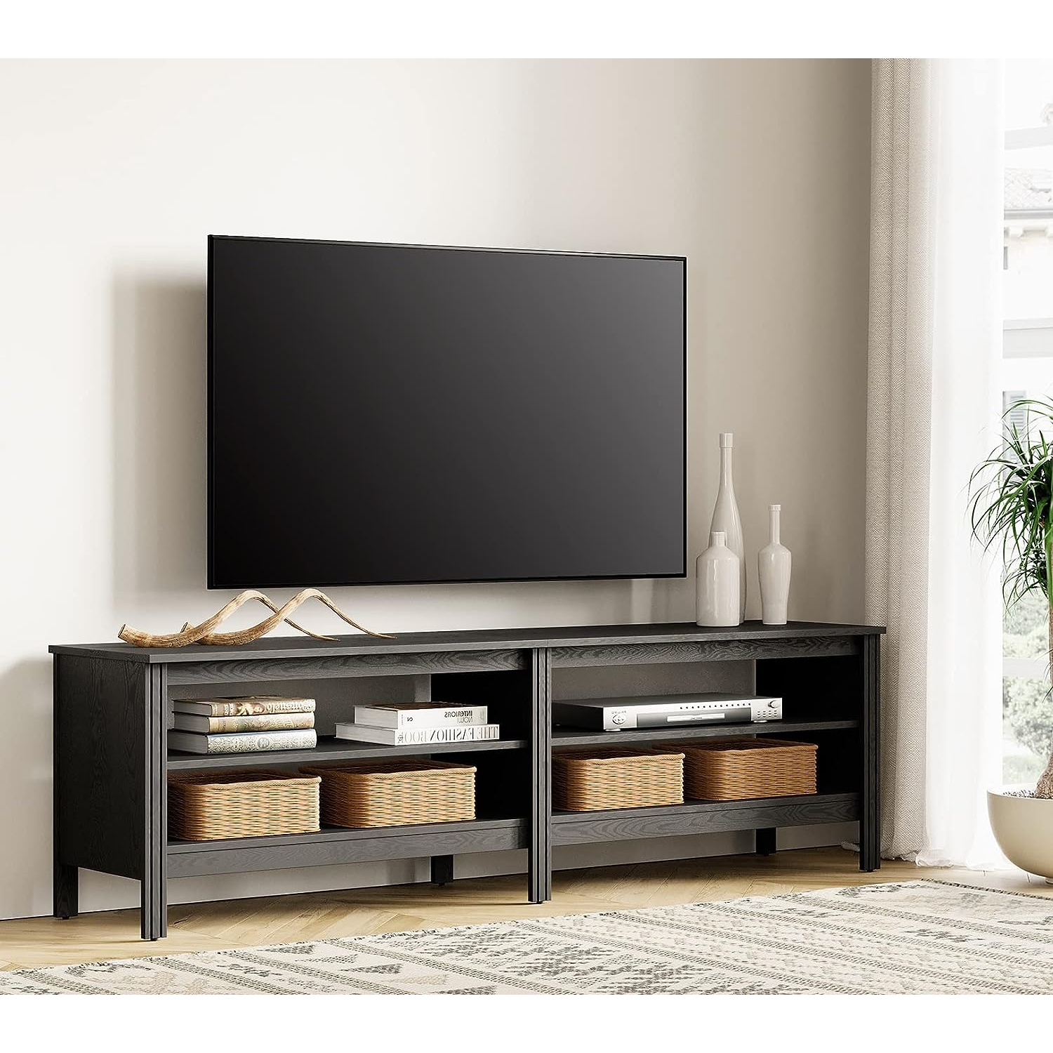 WAMPAT Farmhouse TV Stand for 75 Inch TV Entertainment Center Black TV Console Media Table with 4 Cubby Storage for Living Room Bedroom, 70''