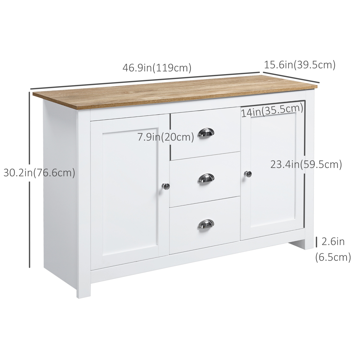 HOMCOM Kitchen Sideboard, Buffet Cabinet with 3 Drawers and Adjustable Shelves, Coffee Bar Cabinet with Storage, White