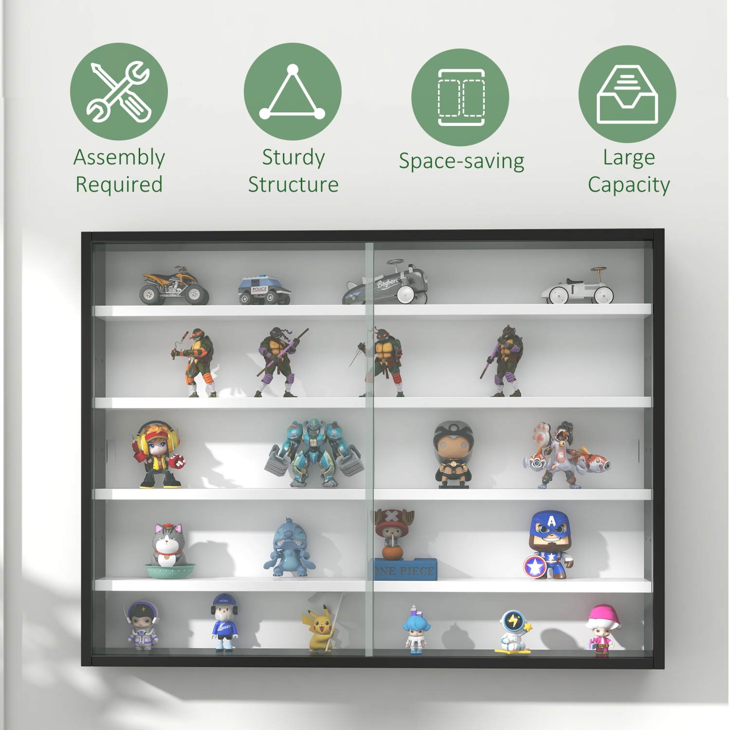 HOMCOM – Armoire de présentation murale à 5 tablettes, présentoir de verre à liqueur, armoire vitrée avec 2 portes en verre et 4 tablettes réglables,