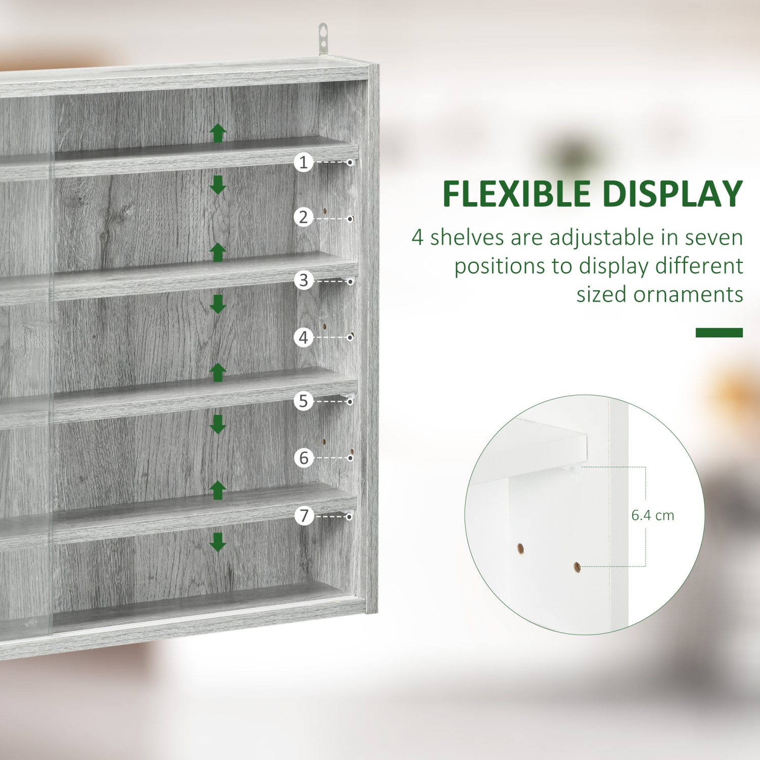 HOMCOM 5-Storey Wall Shelf Display Cabinet, Shot Glass Display Case, Glass Curio Cabinet with 2 Glass Doors and 4 Adjustable Shelves, Grey