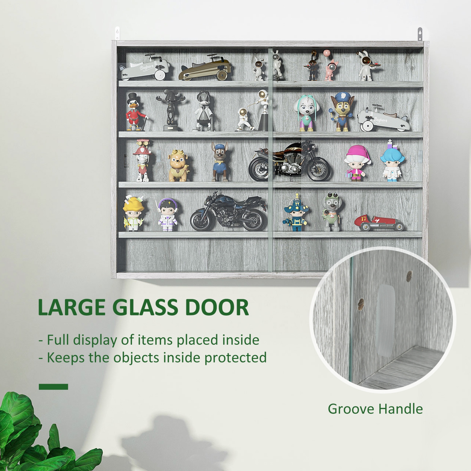 HOMCOM 5-Storey Wall Shelf Display Cabinet, Shot Glass Display Case, Glass Curio Cabinet with 2 Glass Doors and 4 Adjustable Shelves, Grey