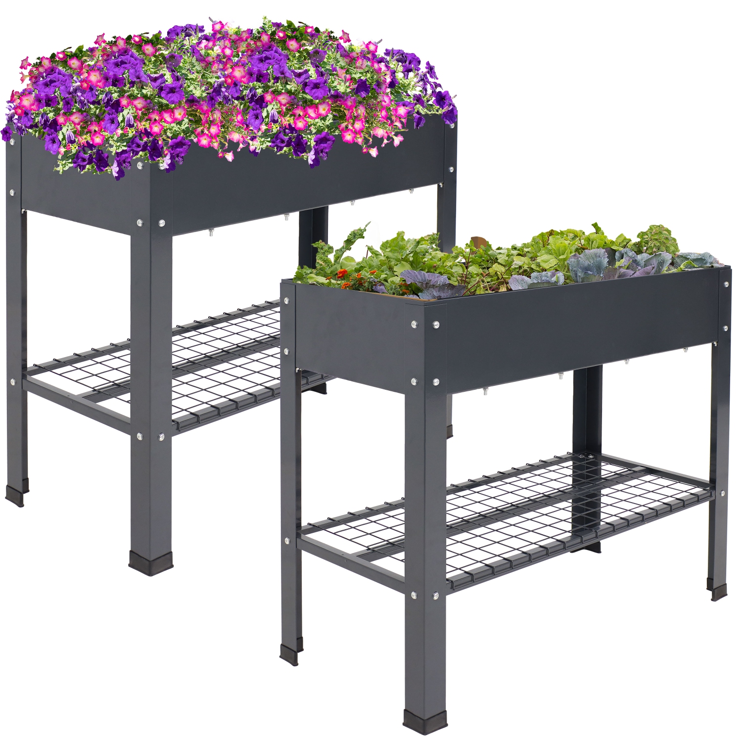 Sunnydaze Galvanized Steel Raised Bed with Mesh Shelf - Black - Set of 2