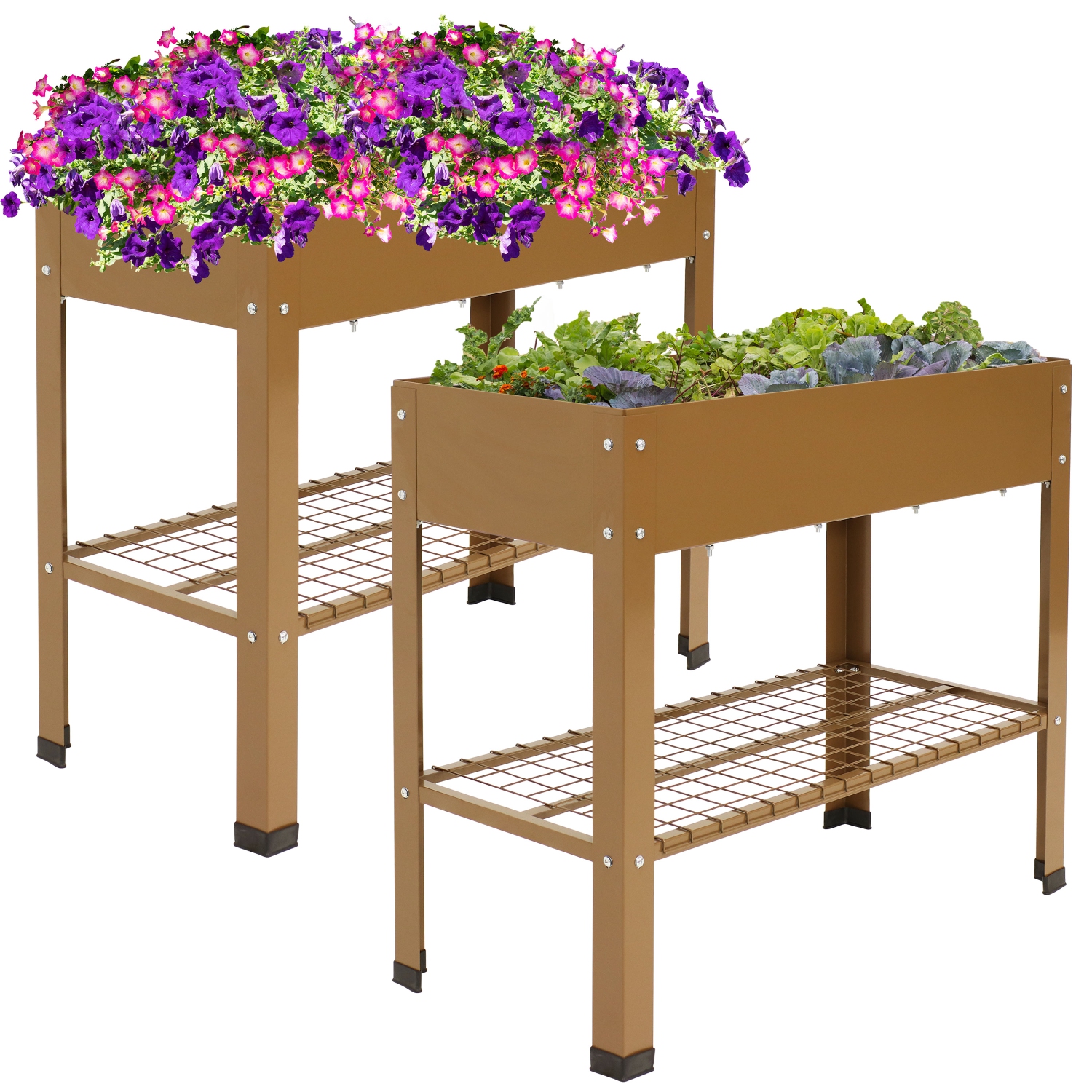 Sunnydaze Galvanized Steel Raised Bed with Mesh Shelf - Brown - Set of 2