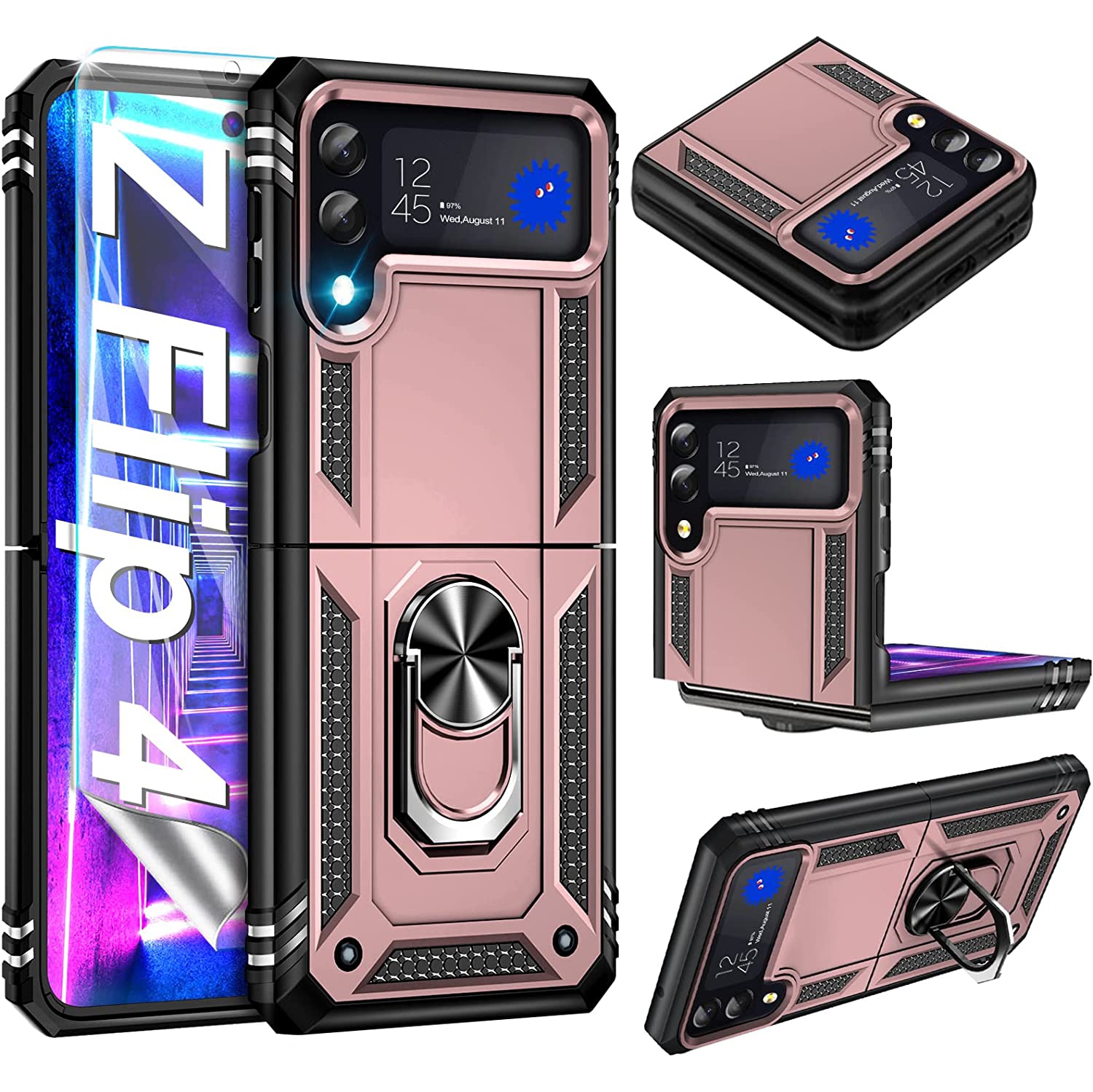 [CSmart] Étui rigide magnétique hybride avec support à anneau pour Samsung Galaxy Z Flip 5 5G 2023, rose doré