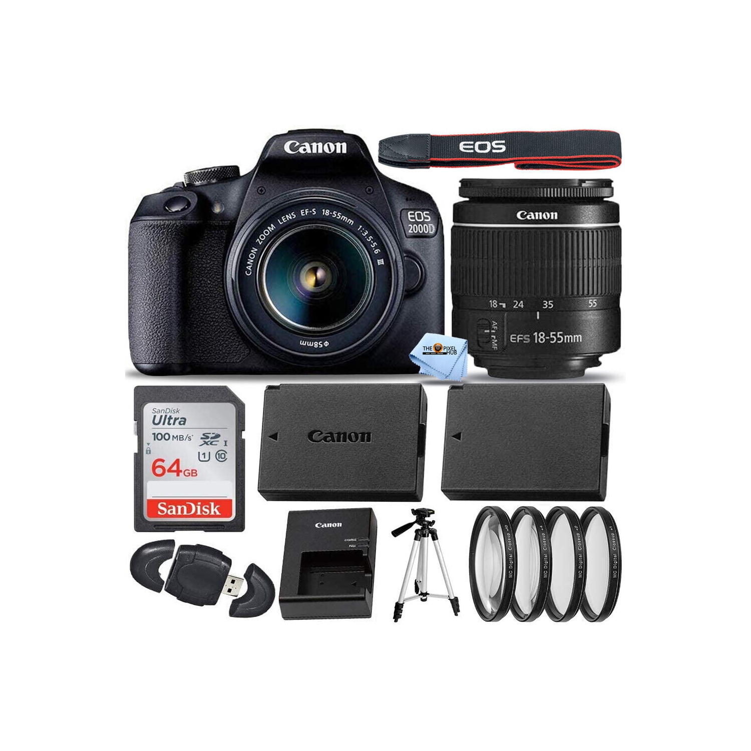 Ensemble EOS 2000&nbsp;deniers/Rebel T7 de Canon avec objectif EF-S 18-55&nbsp;mm III + 64&nbsp;Go + batterie EXT
