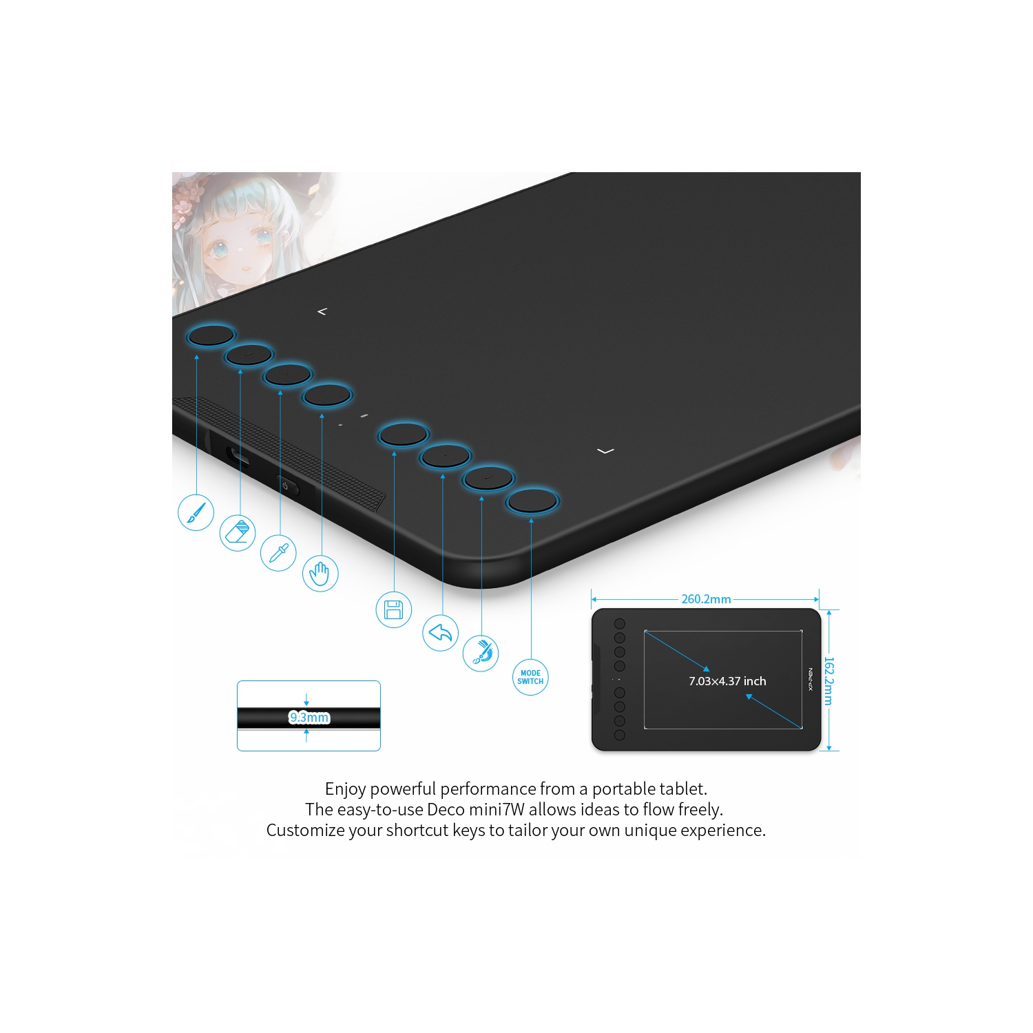 Tablette graphique sans fil Deco mini7 de XPPen; 7 pile au lithium intégrée de 4,37 po pour tablette portative; compatible avec