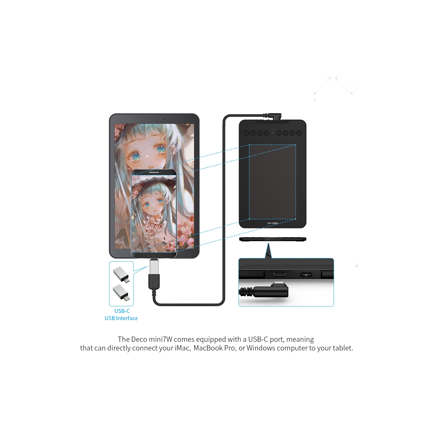 Tablette graphique sans fil Deco mini7 de XPPen; 7 pile au lithium intégrée de 4,37 po pour tablette portative; compatible avec