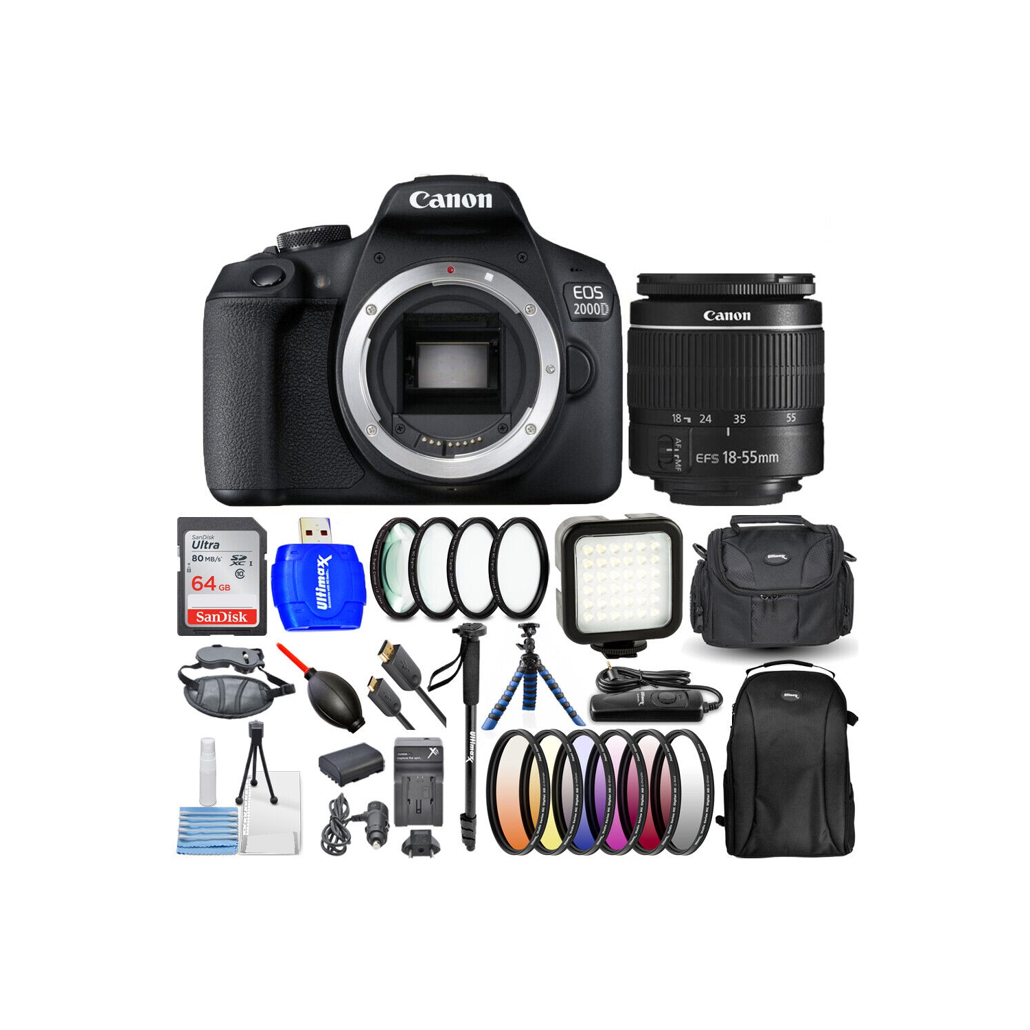 Canon EOS 2000D / Rebel T7 with 18-55mm III Lens 64GB Extra Battery Flash Bundle