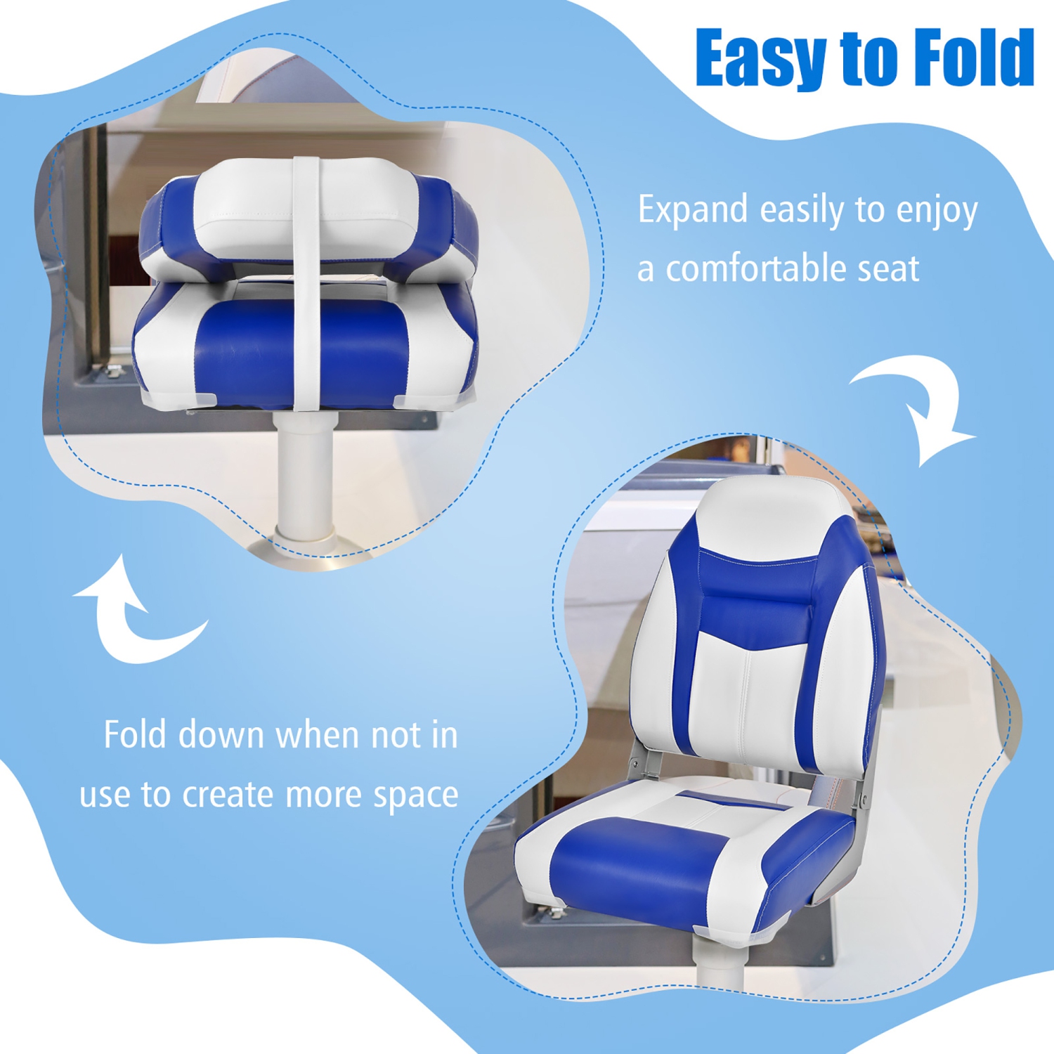 Sièges de bateau pliables à dossier haut de Costway avec coussin éponge blanc bleu et charnières flexibles