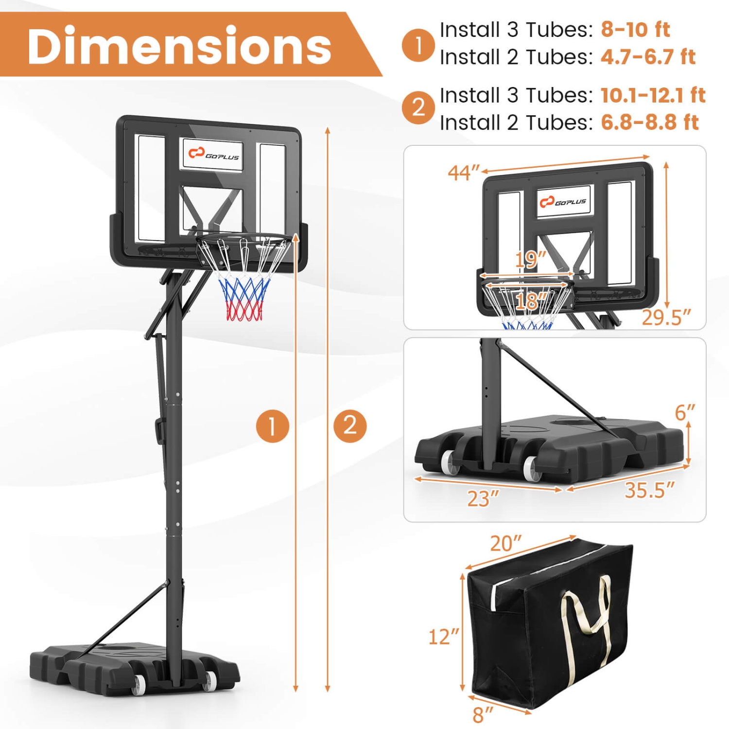 Costway 44" Portable Adjustable Basketball Goal Hoop Stand System withSecure Bag Outdoor
