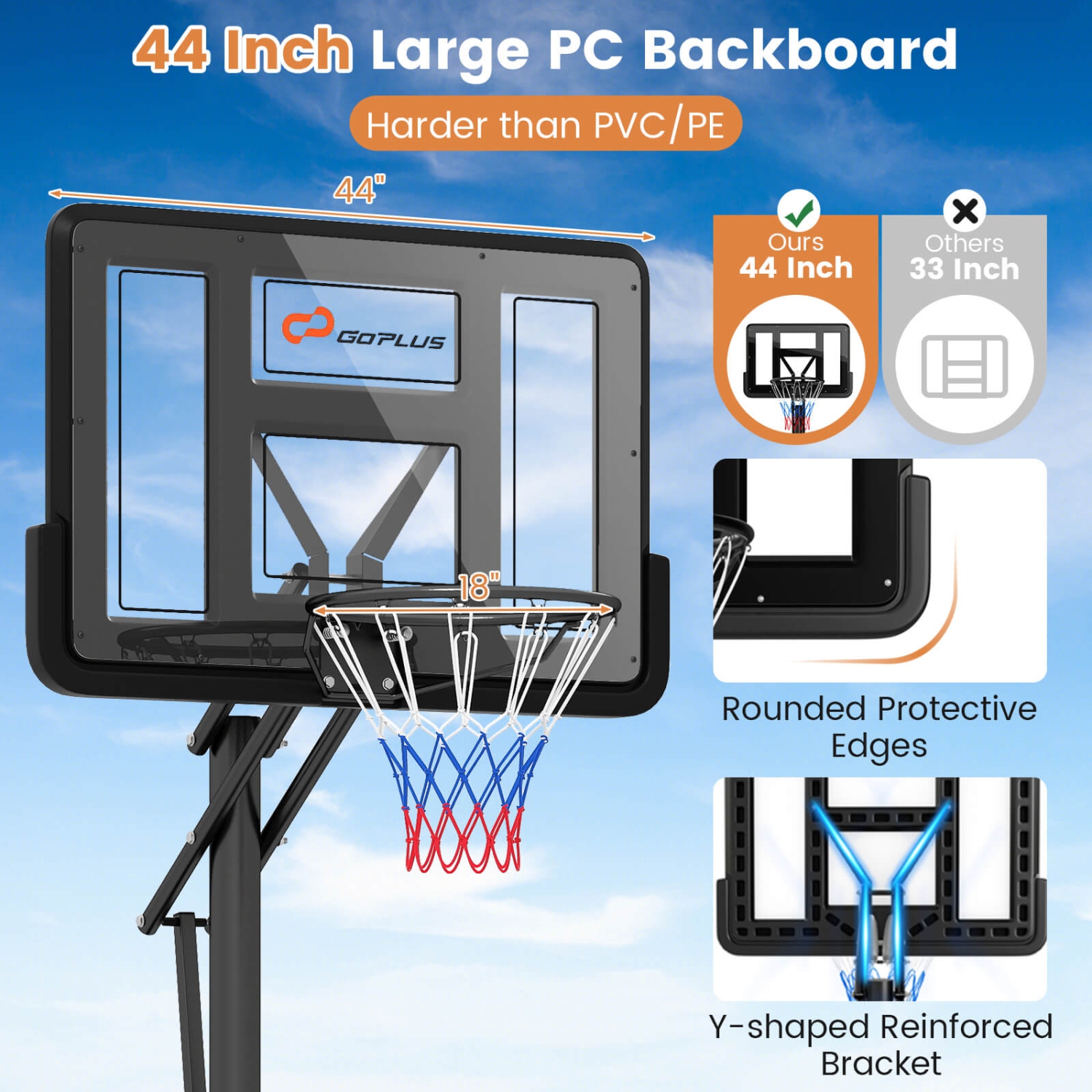 Costway 44" Portable Adjustable Basketball Goal Hoop Stand System withSecure Bag Outdoor