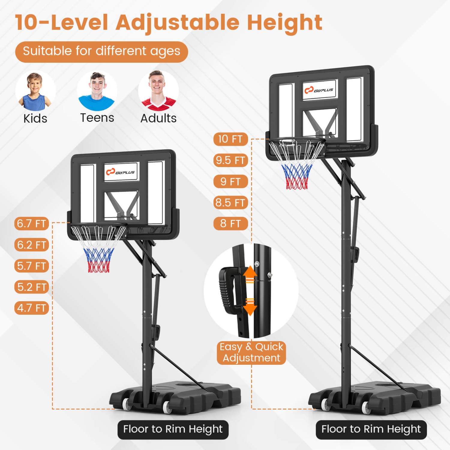 Costway 44" Portable Adjustable Basketball Goal Hoop Stand System withSecure Bag Outdoor