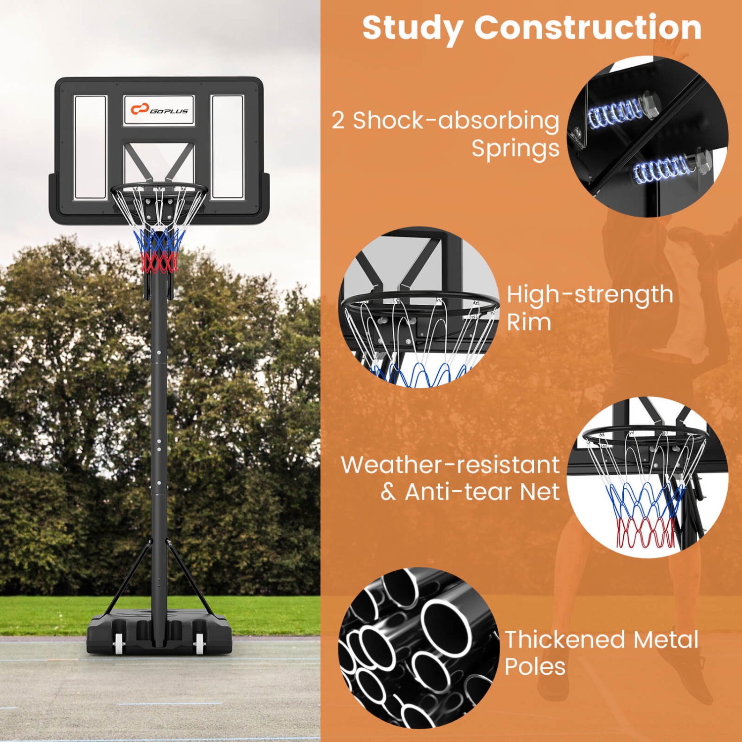 Costway 44" Portable Adjustable Basketball Goal Hoop Stand System withSecure Bag Outdoor