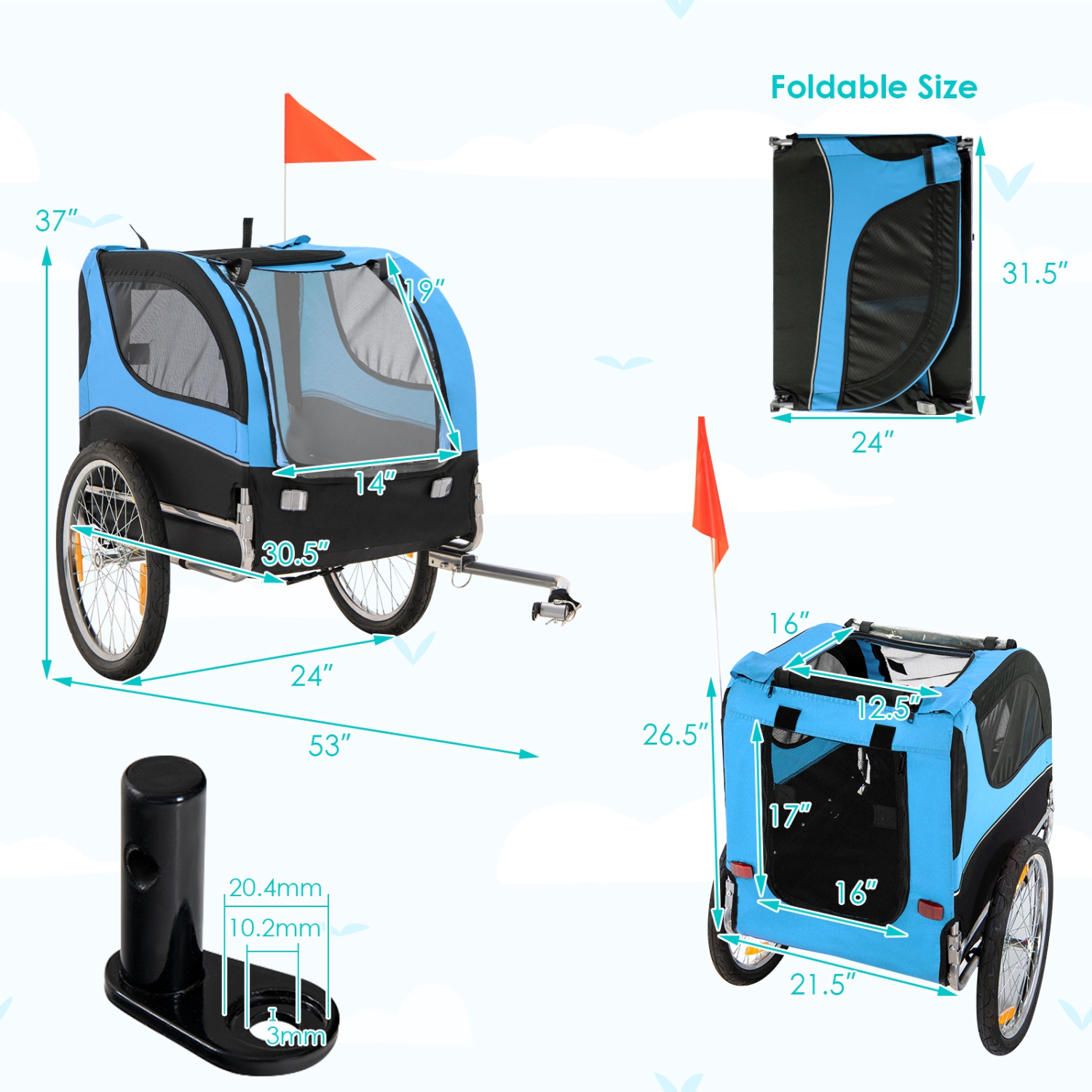 Costway Dog Bike Trailer Foldable Pet Cart with 3 Entrances for Travel