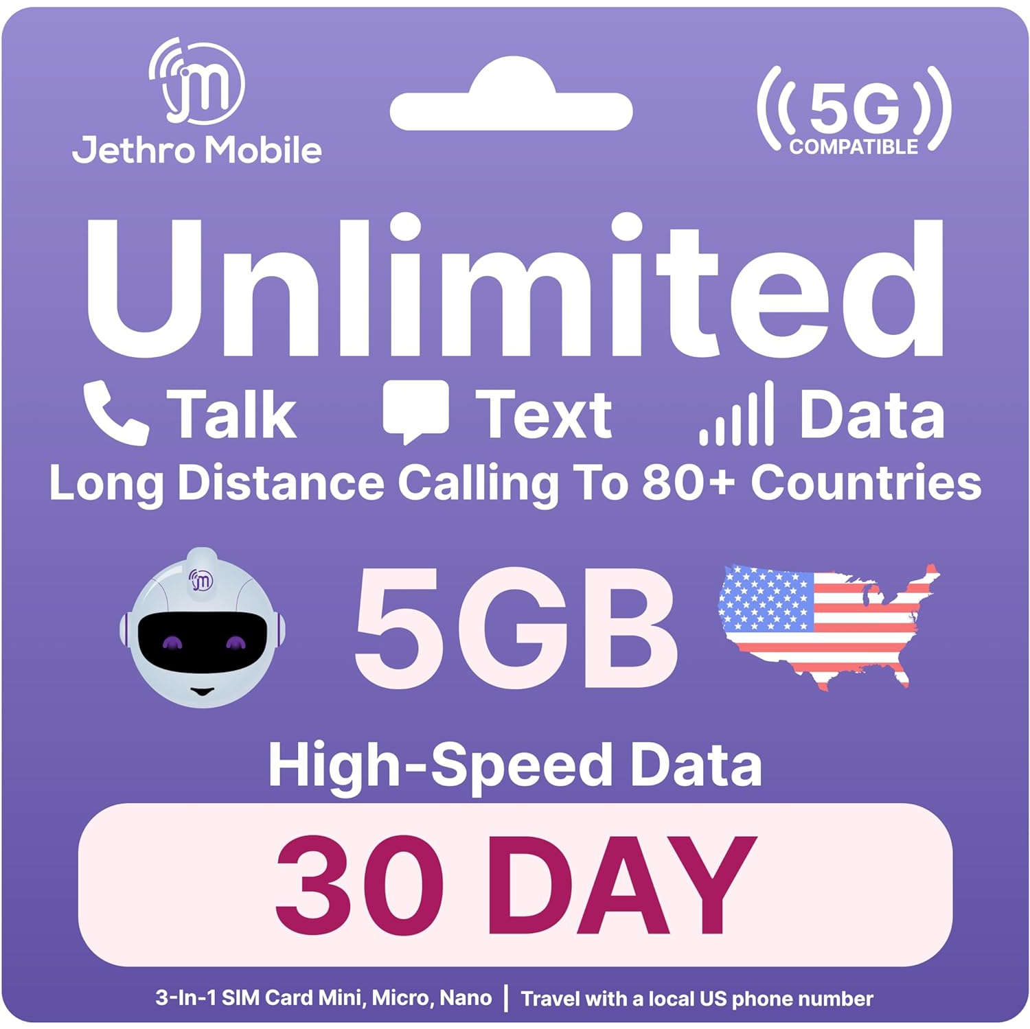 Jethro Mobile Prepaid USA Travel SIM card, 4G LTE High-Speed Data, Unlimited Talk and Text, No Contract, 1 Month