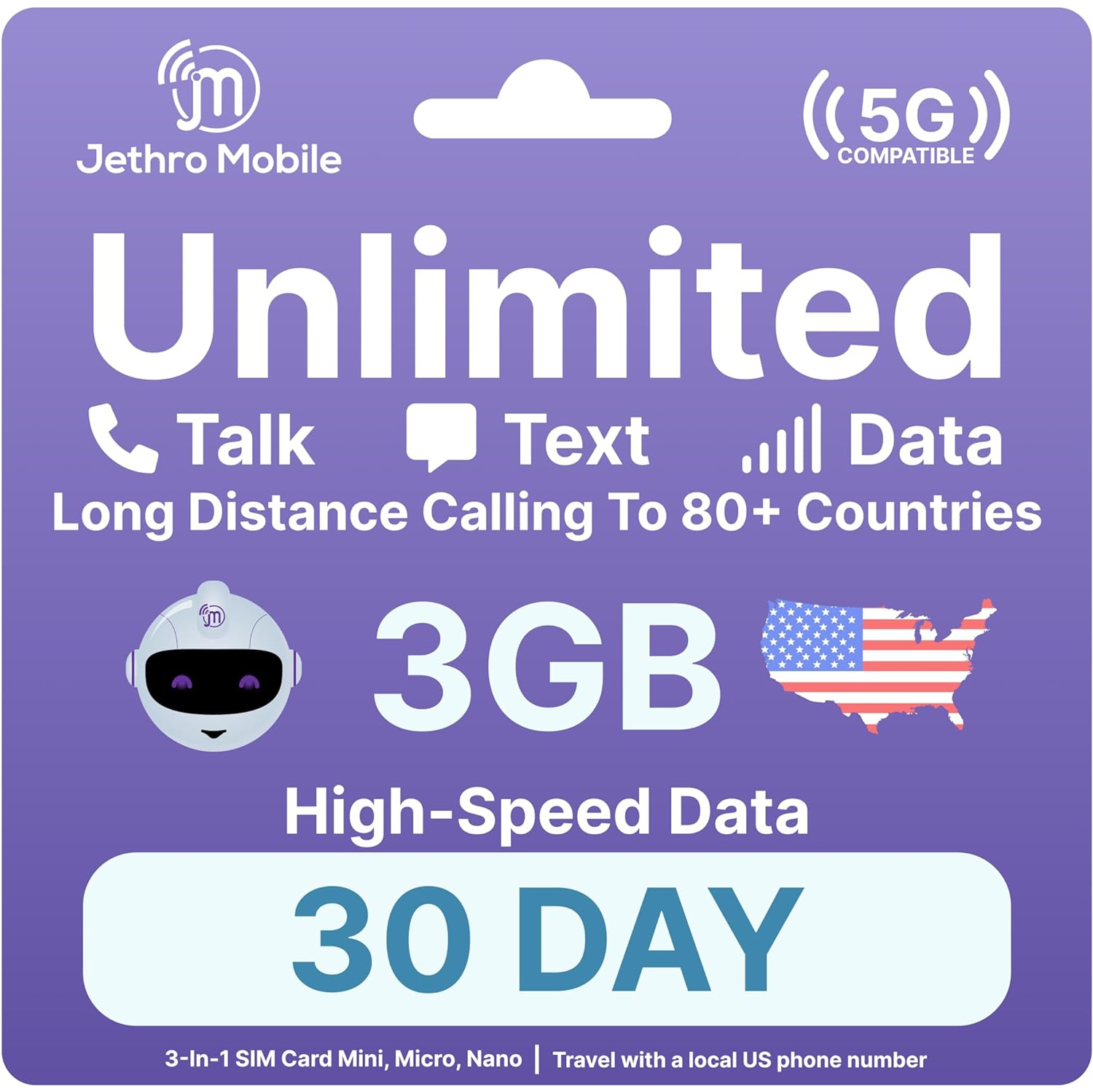 Jethro Mobile Prepaid USA Travel SIM card, 4G LTE High-Speed Data, Unlimited Talk and Text, No Contract, 1 Month