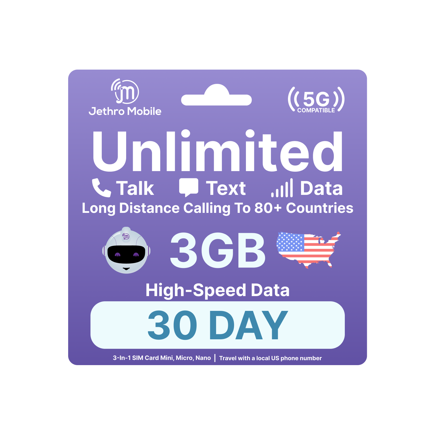 Jethro Mobile USA Travel Sim Card [1 Month] - 3GB High-Speed Data, Unlimited Talk & Text in the US and Calls to Canada Phone Plan