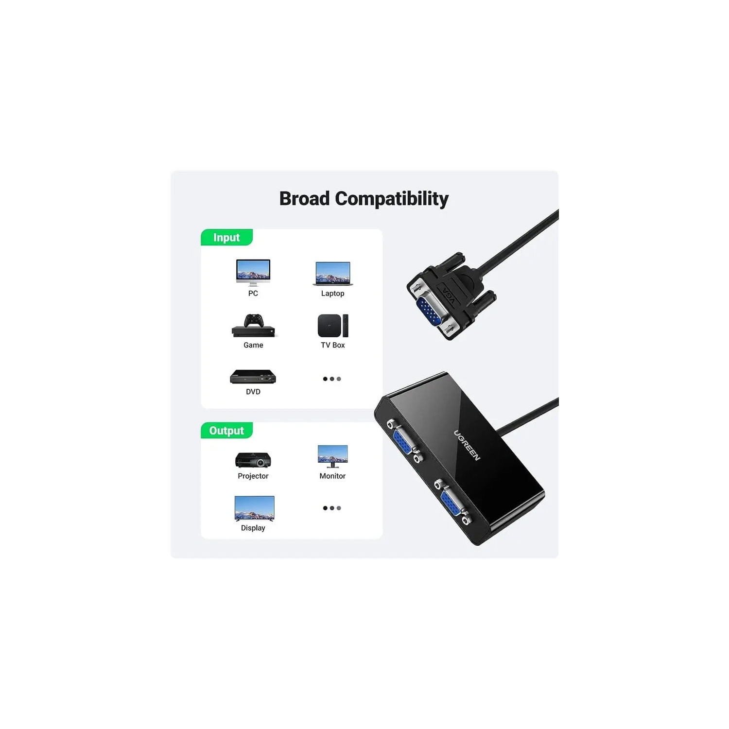 UGREEN VGA 1 in x 2 out Splitter VGA Male To 2 VGA Female Monitor 3ft, Black