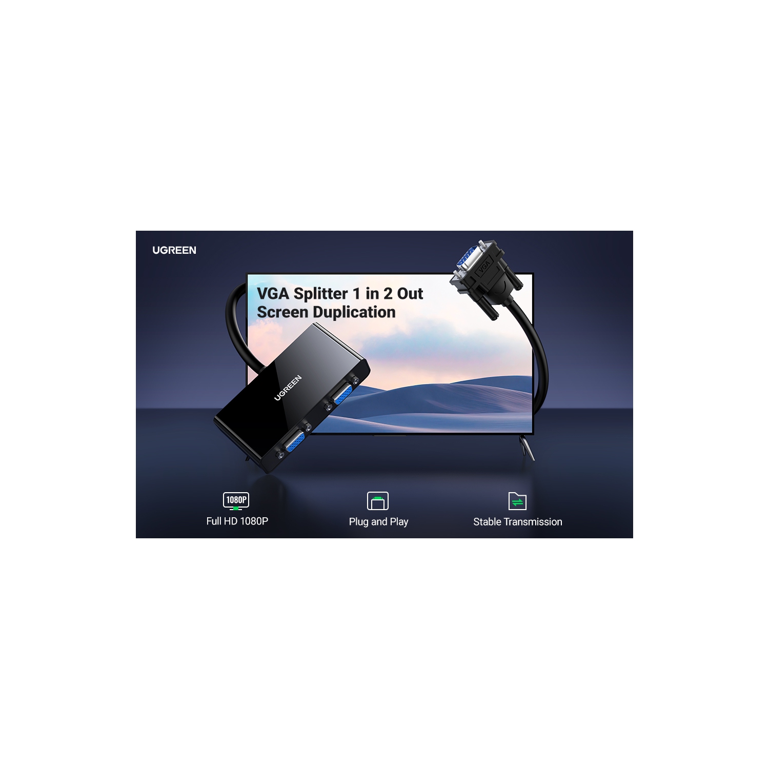 UGREEN VGA 1 in x 2 out Splitter VGA Male To 2 VGA Female Monitor 3ft, Black