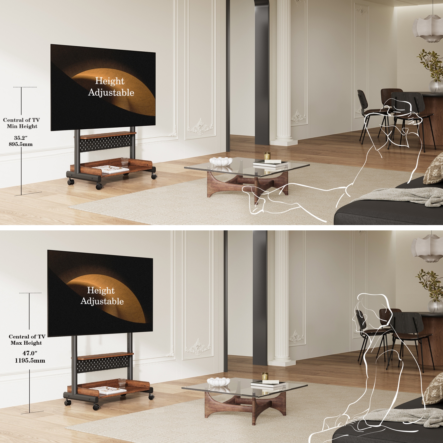 Meuble pour téléviseur avec roulettes de FITUEYES pour écran plat ACL DEL 40 à 85&nbsp;po, support en coin pour téléviseur avec rangement, panneau